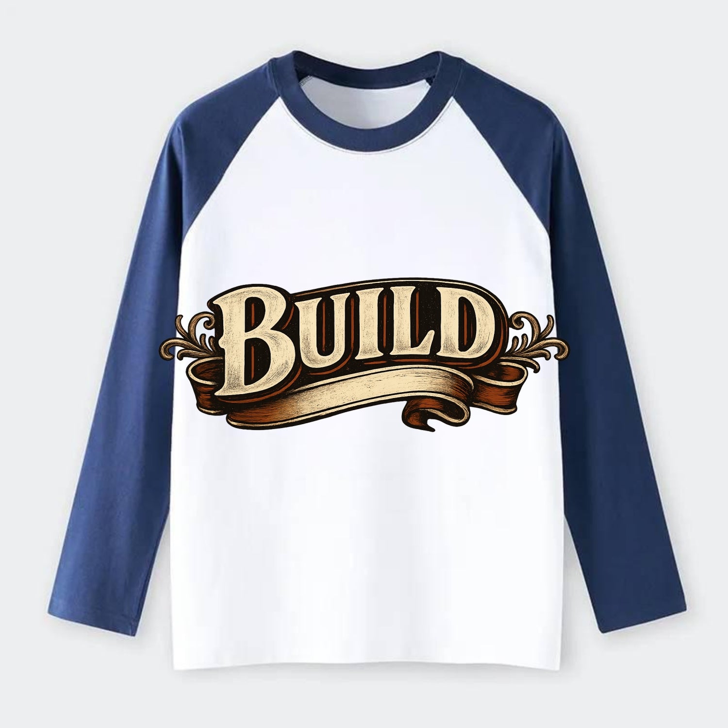 Bold typography design - "BUILD" - constructing, making real - Raglan Long Sleeve T-Shirt - Blue