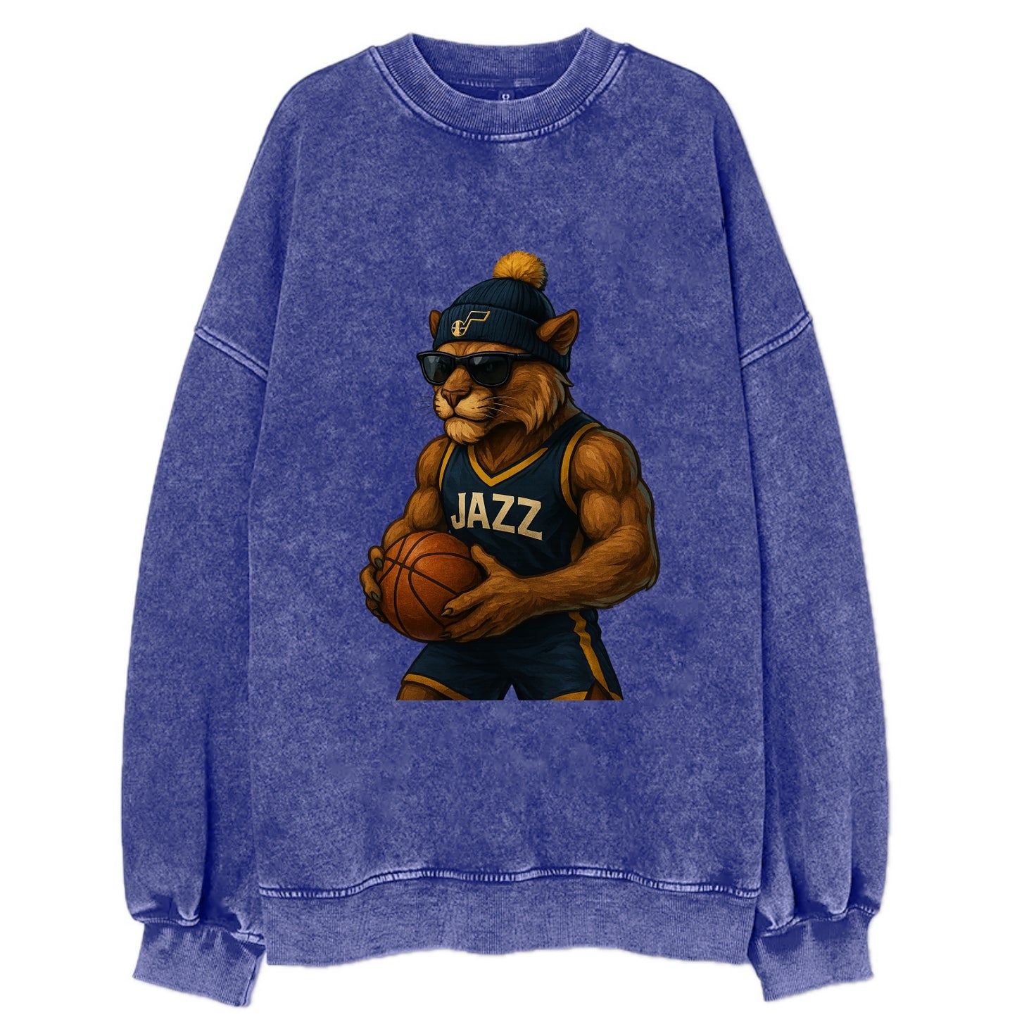 Utah Mountain Lion wearing Jazz navy and yellow beanie with music note and - Vintage Sweatshirt - Blue