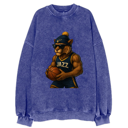 Utah Mountain Lion wearing Jazz navy and yellow beanie with music note and - Vintage Sweatshirt - Blue