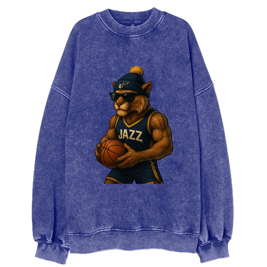 Utah Mountain Lion wearing Jazz navy and yellow beanie with music note and - Vintage Sweatshirt - Blue