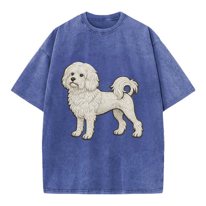 Löwchen - Little Lion Dog white embroidered pose - Vintage T-shirt - Blue
