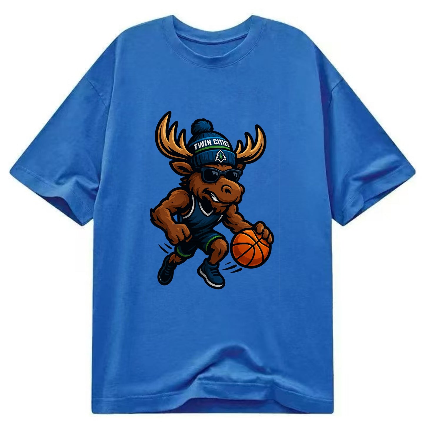 Twin Cities Moose wearing Timberwolves beanie with pine tree patch and wayfarer - Classic T-shirt - Blue