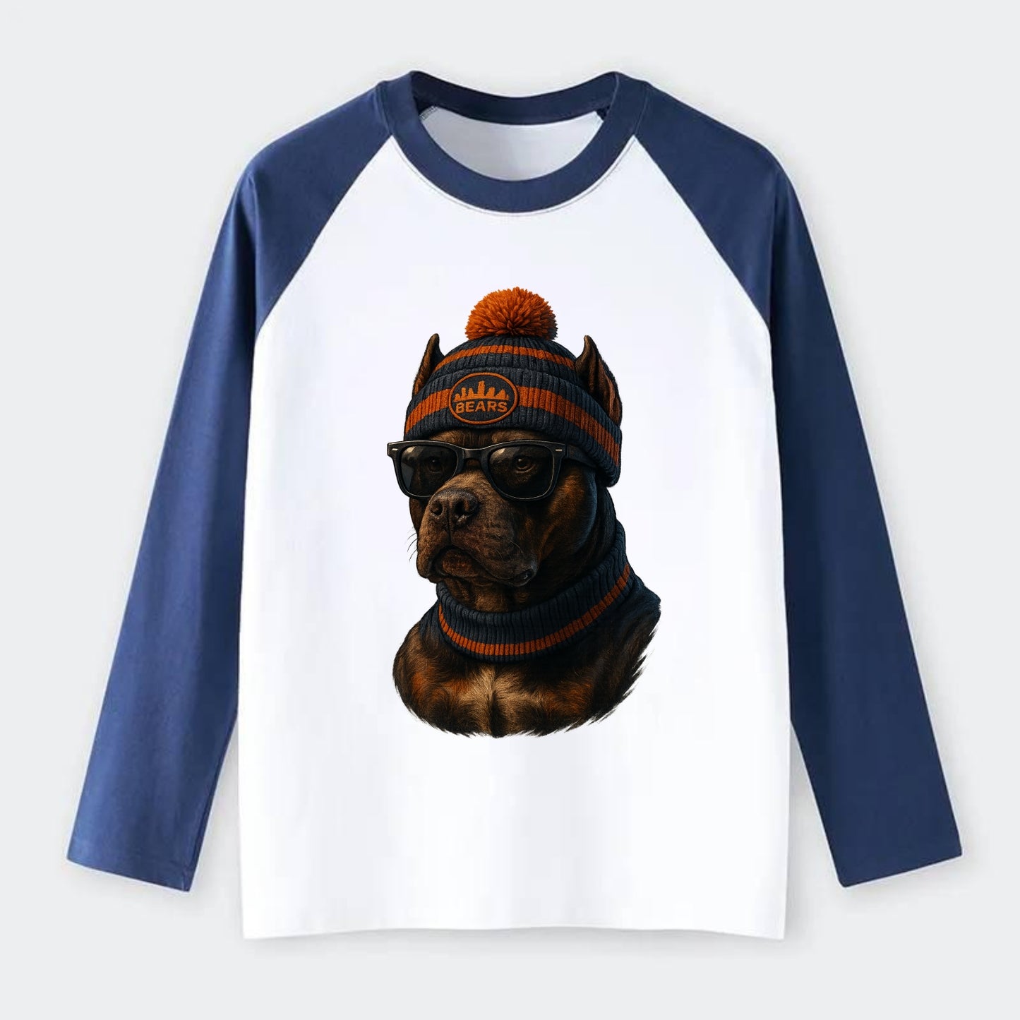 Chicago Pitbull wearing Bears beanie with skyline patch and wayfarer - Raglan Long Sleeve T-Shirt - Blue