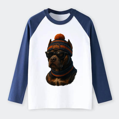 Chicago Pitbull wearing Bears beanie with skyline patch and wayfarer - Raglan Long Sleeve T-Shirt - Blue