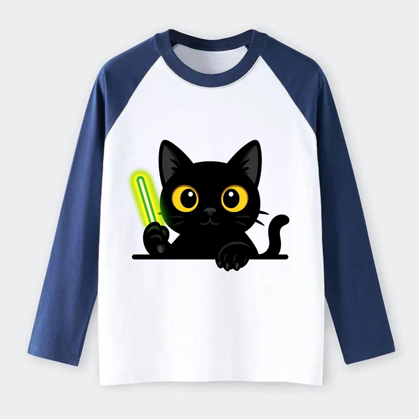 Midnight the black cat fist bumping the viewer with right paw extended. - Raglan Long Sleeve T-Shirt - Blue