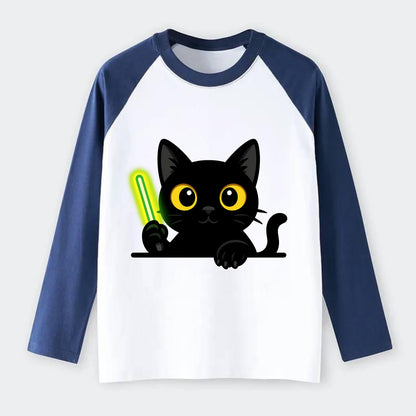 Midnight the black cat fist bumping the viewer with right paw extended. - Raglan Long Sleeve T-Shirt - Blue