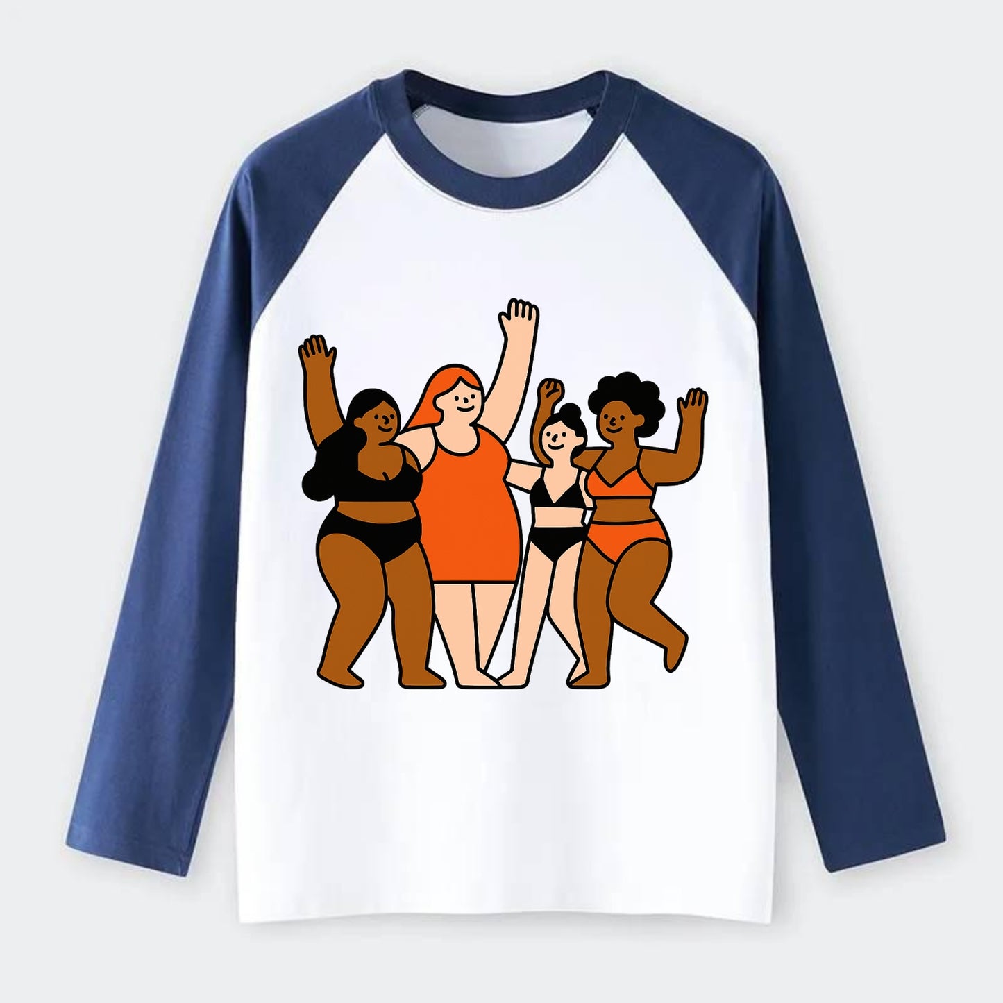 Diverse body types celebrating together - body positivity movement, - Raglan Long Sleeve T-Shirt - Blue