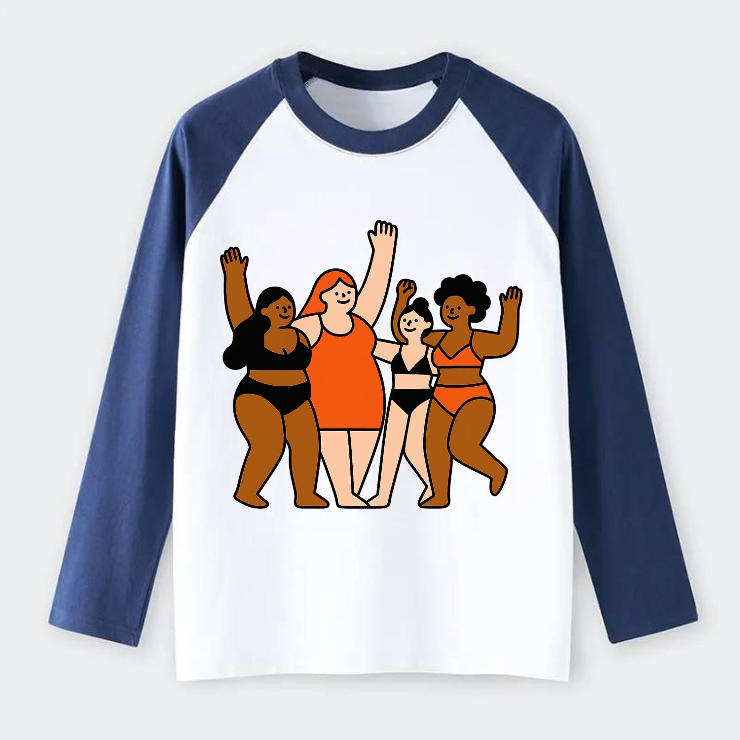 Diverse body types celebrating together - body positivity movement, - Raglan Long Sleeve T-Shirt - Blue
