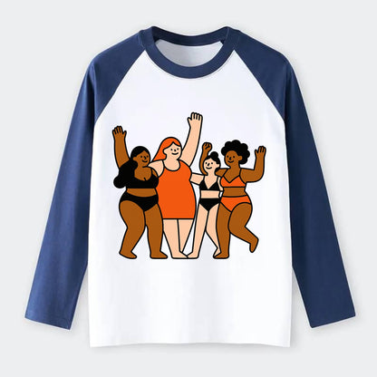Diverse body types celebrating together - body positivity movement, - Raglan Long Sleeve T-Shirt - Blue