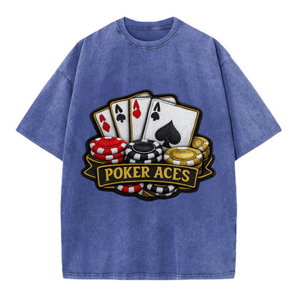 Embroidered patch design - POKER ACES - four aces with chips in red, black and - Vintage T-shirt - Blue
