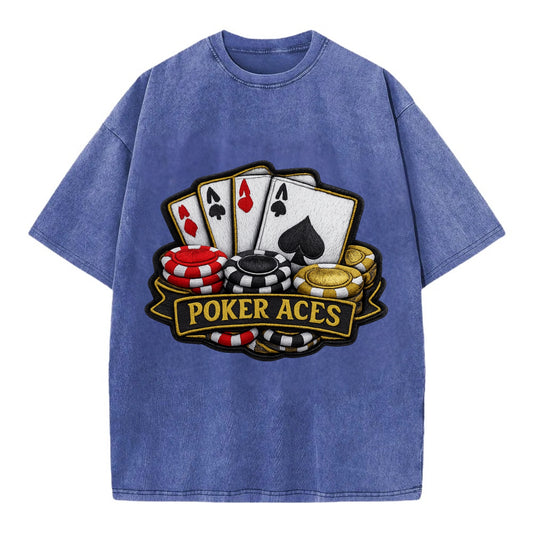 Embroidered patch design - POKER ACES - four aces with chips in red, black and - Vintage T-shirt - Blue
