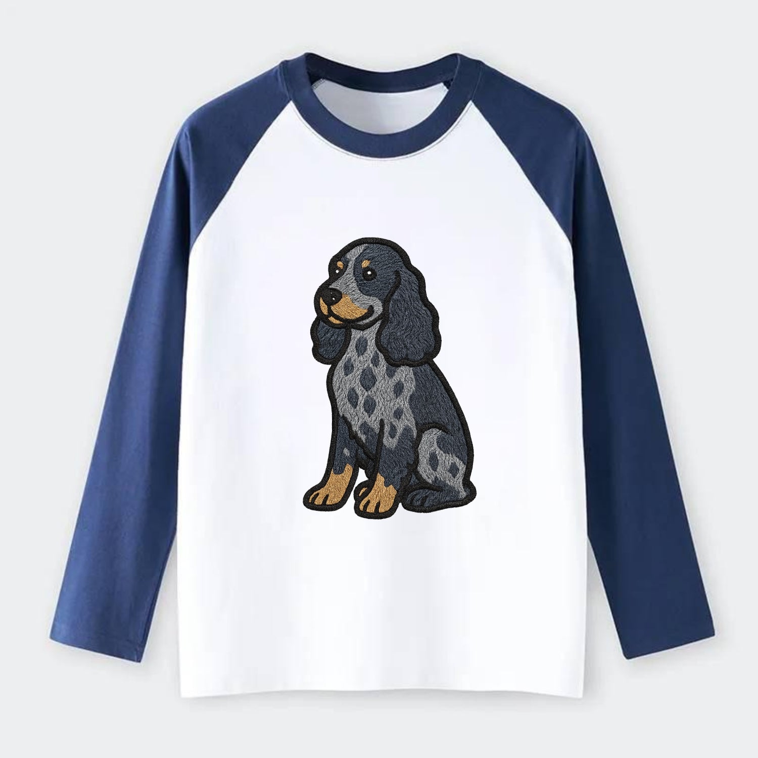 English Cocker Spaniel - Blue roan embroidered sitting pose - Raglan Long Sleeve T-Shirt - Blue