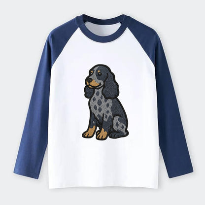 English Cocker Spaniel - Blue roan embroidered sitting pose - Raglan Long Sleeve T-Shirt - Blue