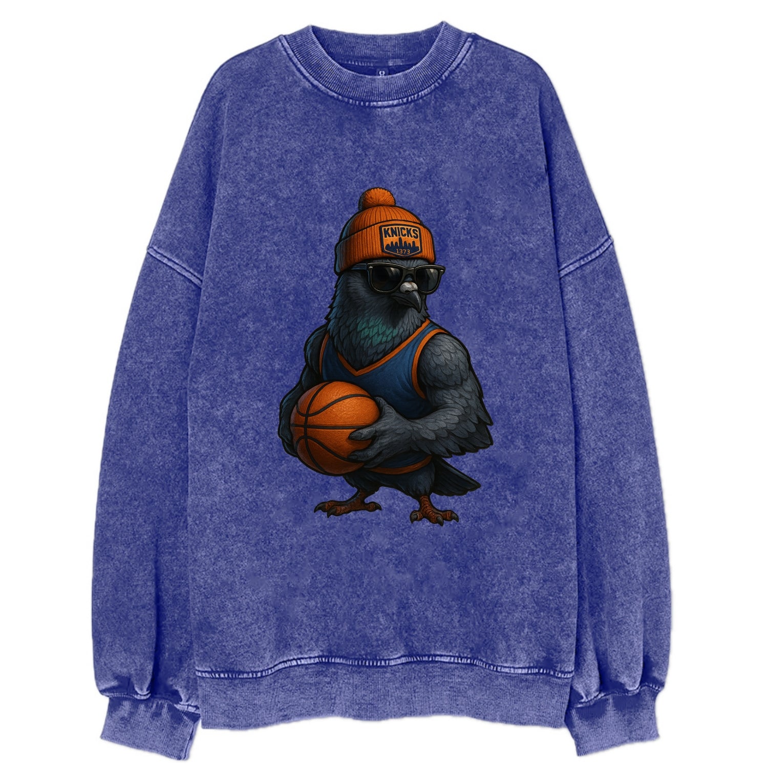 Manhattan Pigeon wearing Knicks beanie with skyline patch and wayfarer - Vintage Sweatshirt - Blue