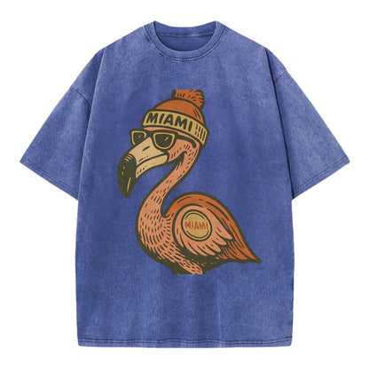 Miami Flamingo wearing Miami beanie with pom pom and wayfarer sunglasses - Vintage T-shirt - Blue
