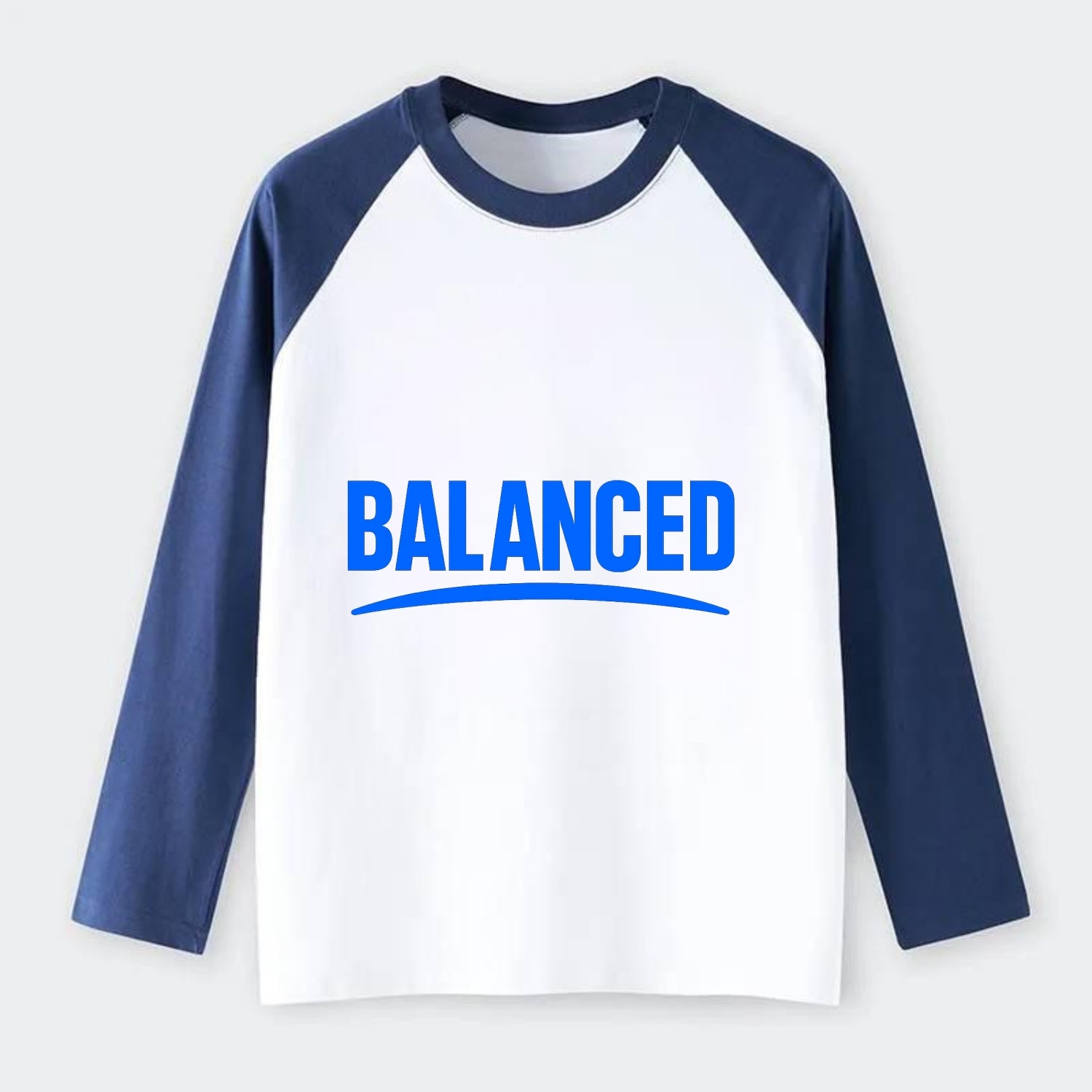 Bold typography design - "BALANCED" - harmony, equilibrium, centered - Raglan Long Sleeve T-Shirt - Blue