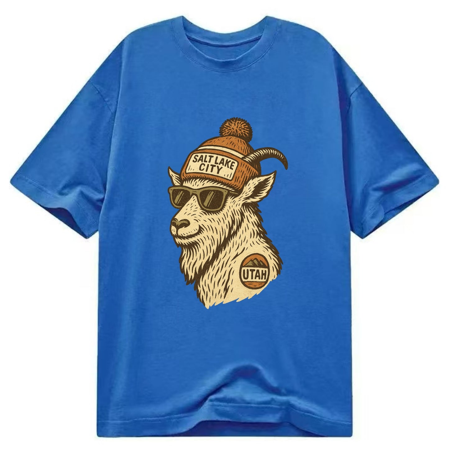 Utah Mountain Goat wearing Salt Lake City beanie with pom pom and wayfarer - Classic T-shirt - Blue