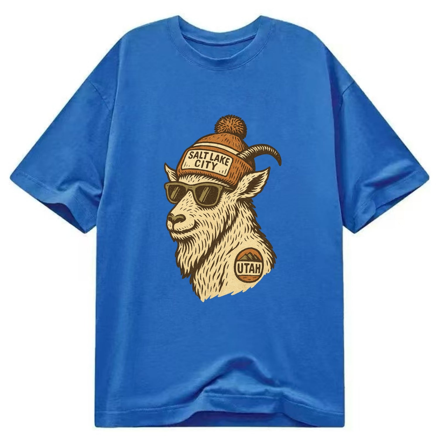 Utah Mountain Goat wearing Salt Lake City beanie with pom pom and wayfarer - Classic T-shirt - Blue