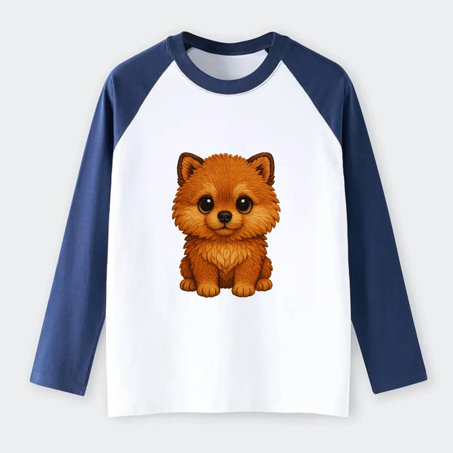 Baby Pomeranian Puppy - fluffy orange ball, fox face, tiny body, - Raglan Long Sleeve T-Shirt - Blue
