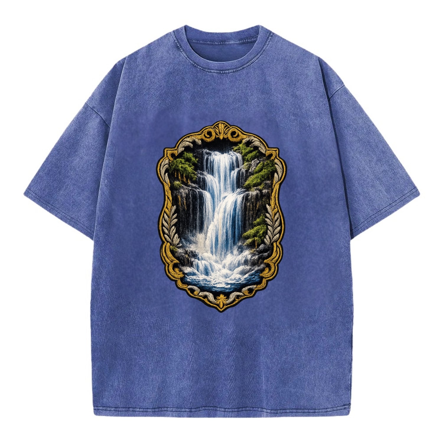 WATERFALL CASCADE - falling water with mist in blue and white , nature wonder - Vintage T-shirt - Blue