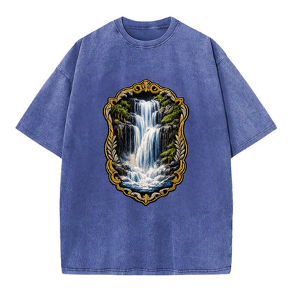 WATERFALL CASCADE - falling water with mist in blue and white , nature wonder - Vintage T-shirt - Blue