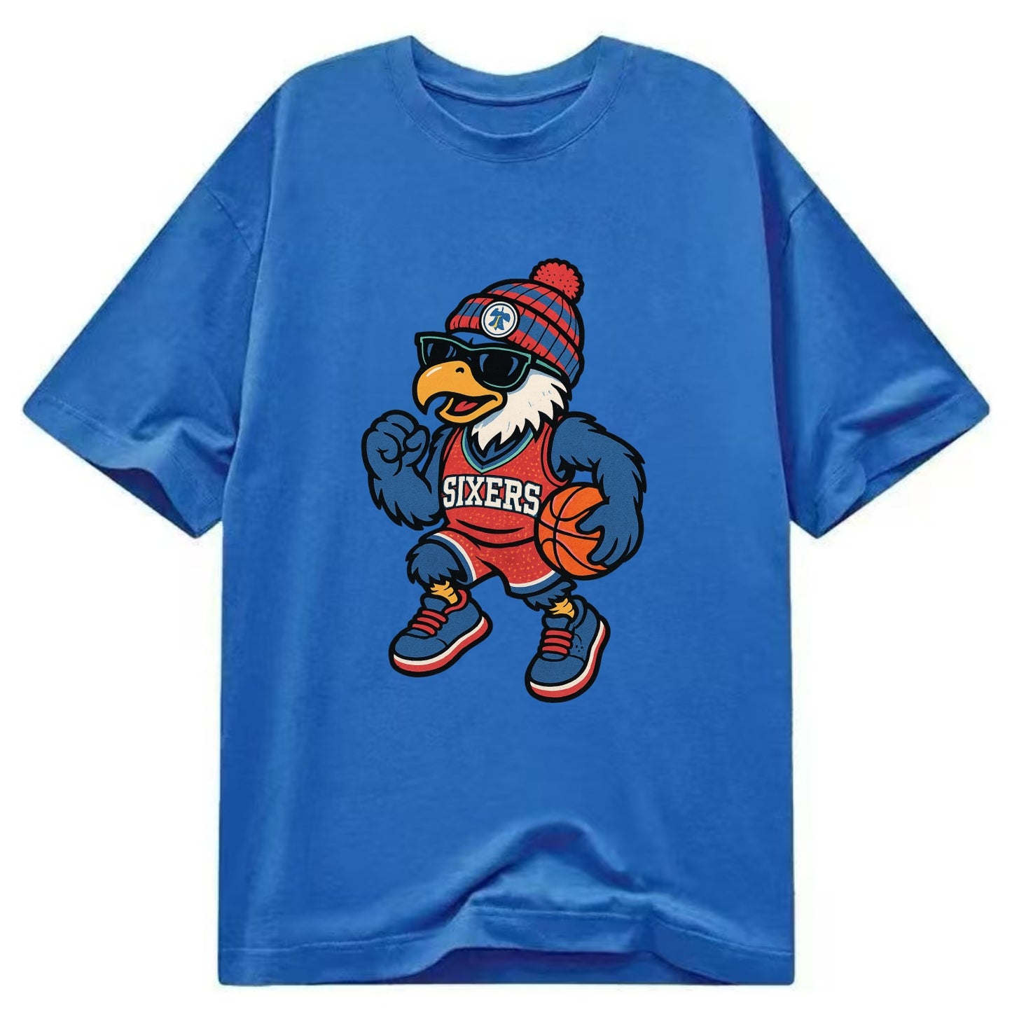 Philadelphia Eagle wearing 76ers red white and blue beanie with bell patch and - Classic T-shirt - Blue