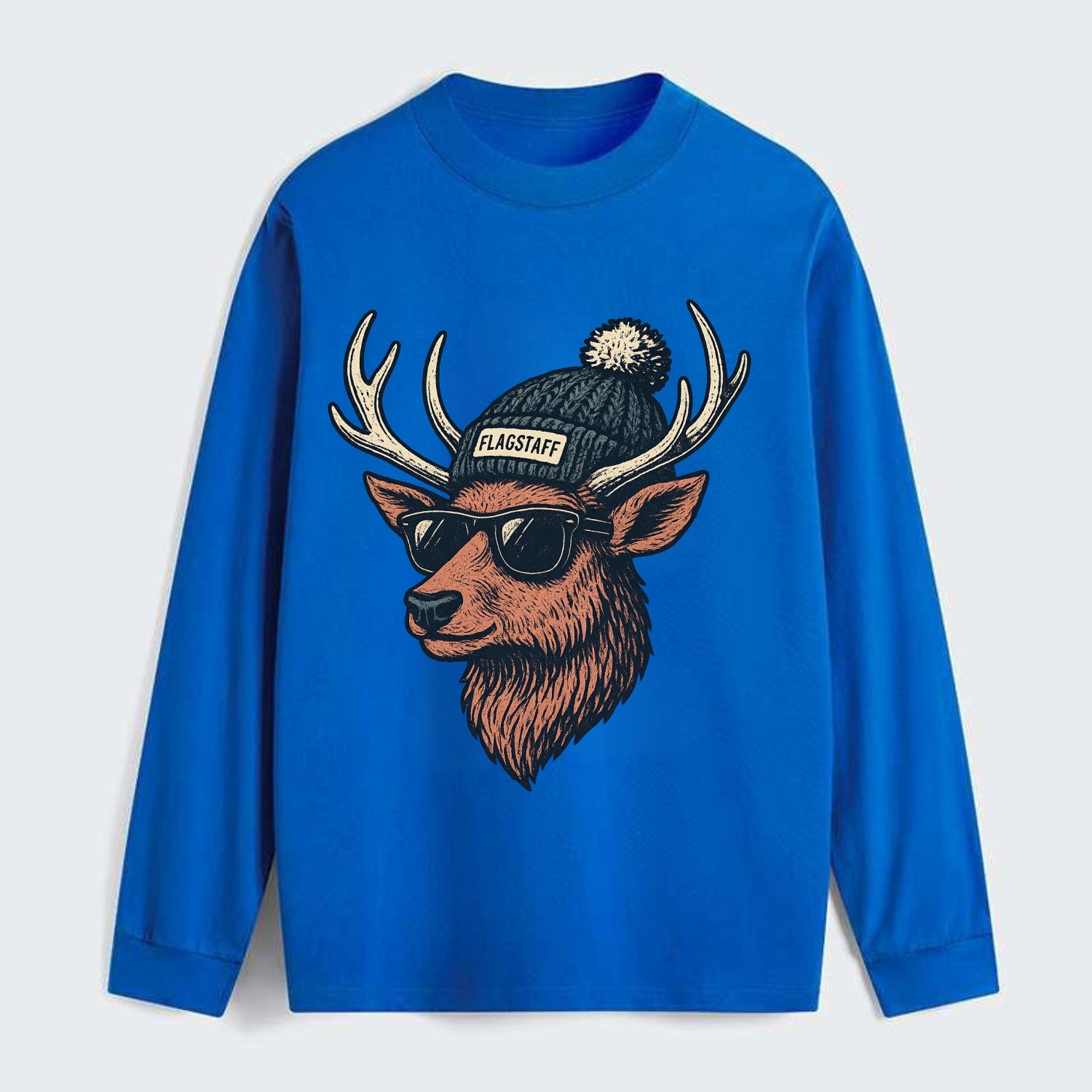 Flagstaff Elk wearing Flagstaff beanie with pom pom and wayfarer - Classic Long Sleeve Shirt - Blue