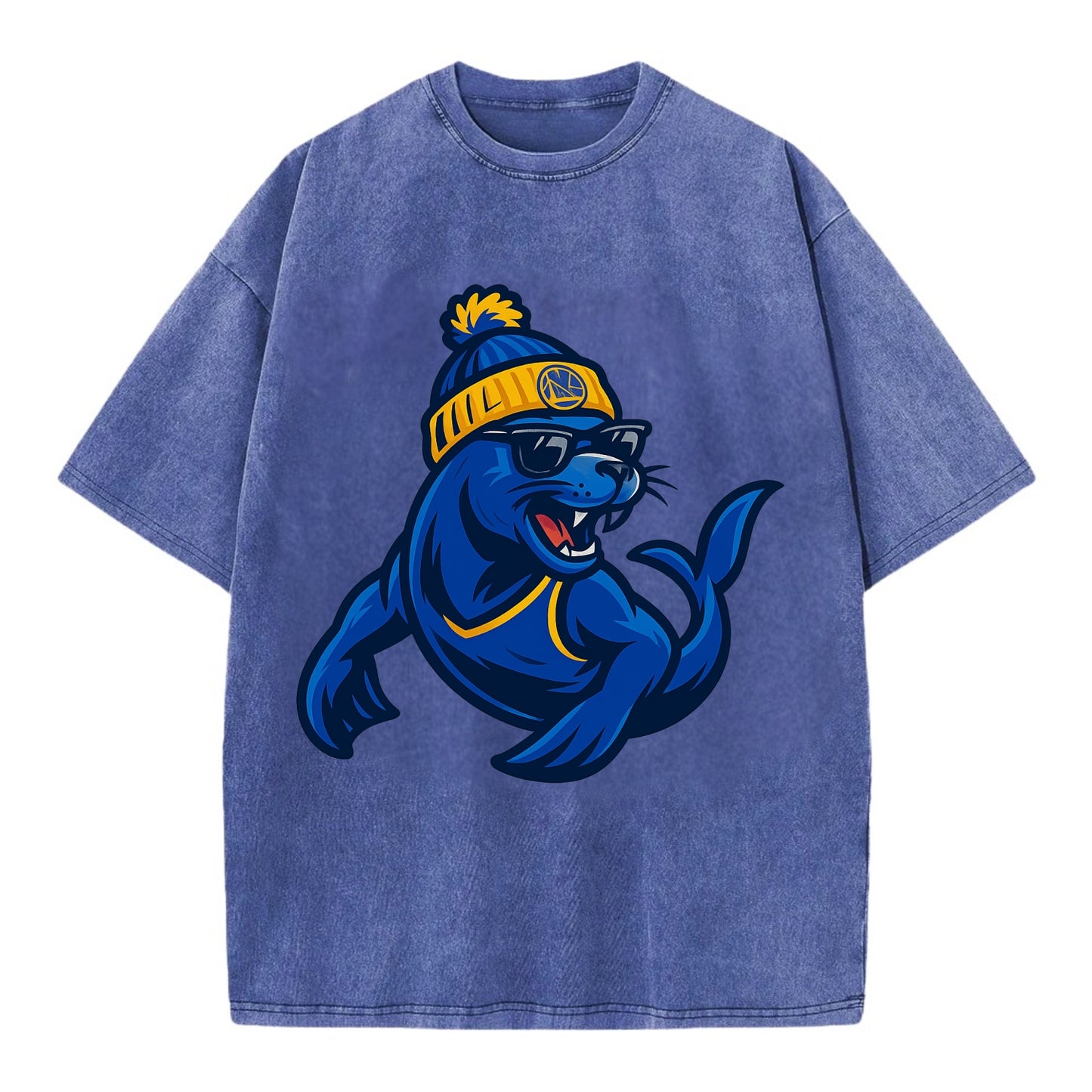 Bay Area Sea Lion wearing Warriors blue and gold beanie with Golden Gate and - Vintage T-shirt - Blue
