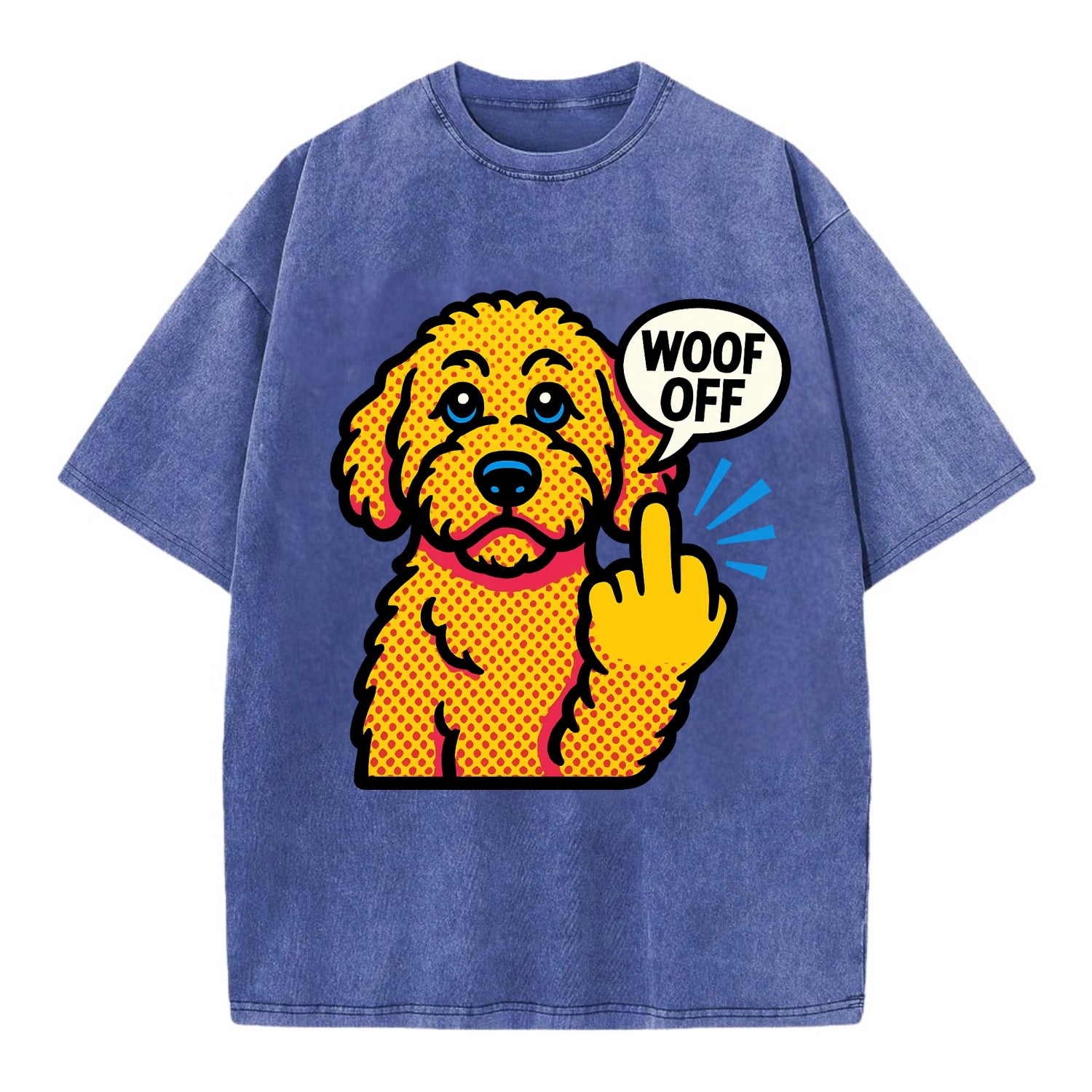 Goldendoodle with teddy bear face and curly golden coat, friendly paw flipping off - Vintage T-shirt - Blue