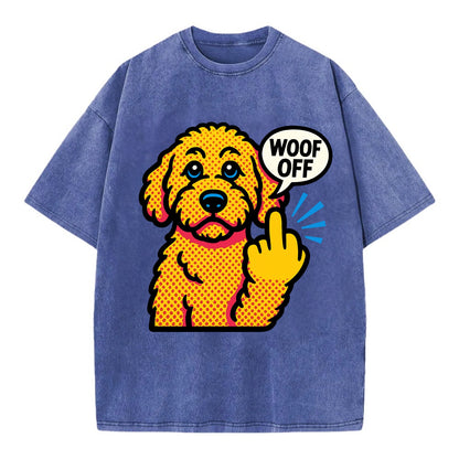 Goldendoodle with teddy bear face and curly golden coat, friendly paw flipping off - Vintage T-shirt - Blue