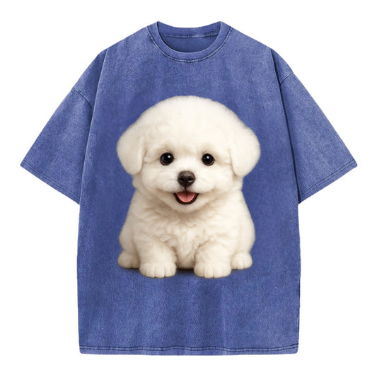 Baby Bichon Frise Puppy - white puffy cloud, dark eyes, happy expression, - Vintage T-shirt - Blue