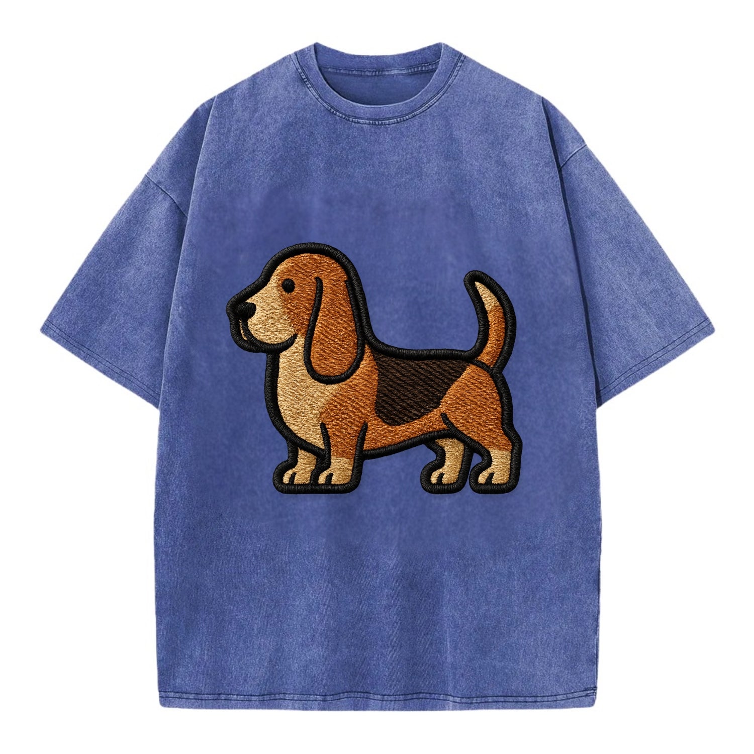 Basset Hound - Trendy low-rider design with prominent black outline - Vintage T-shirt - Blue