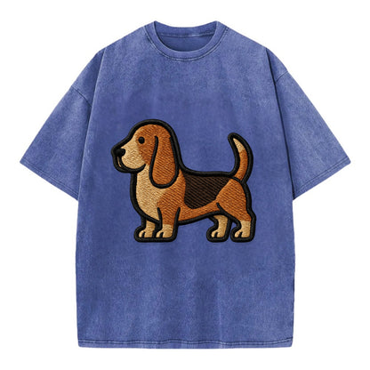 Basset Hound - Trendy low-rider design with prominent black outline - Vintage T-shirt - Blue