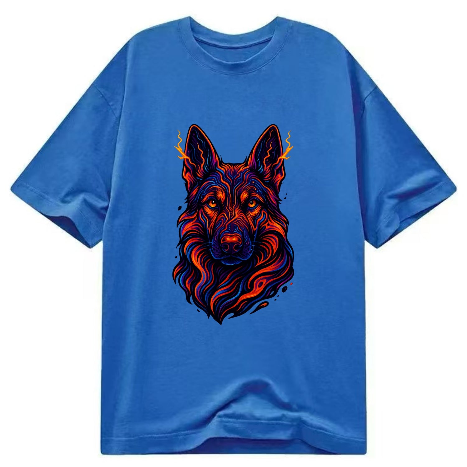Alert German Shepherd with cyber circuit patterns in the fur, neon orange and - Classic T-shirt - Blue