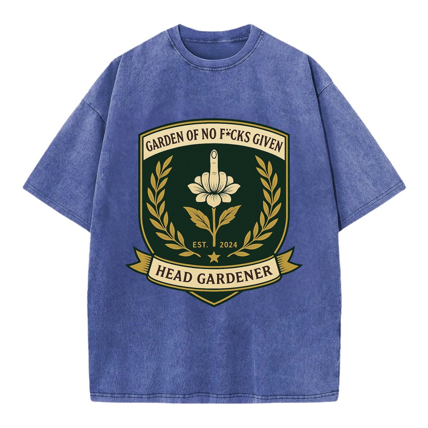 Shield with middle finger flower - "Garden of No F*cks Given - Head Gardener" - - Vintage T-shirt - Blue