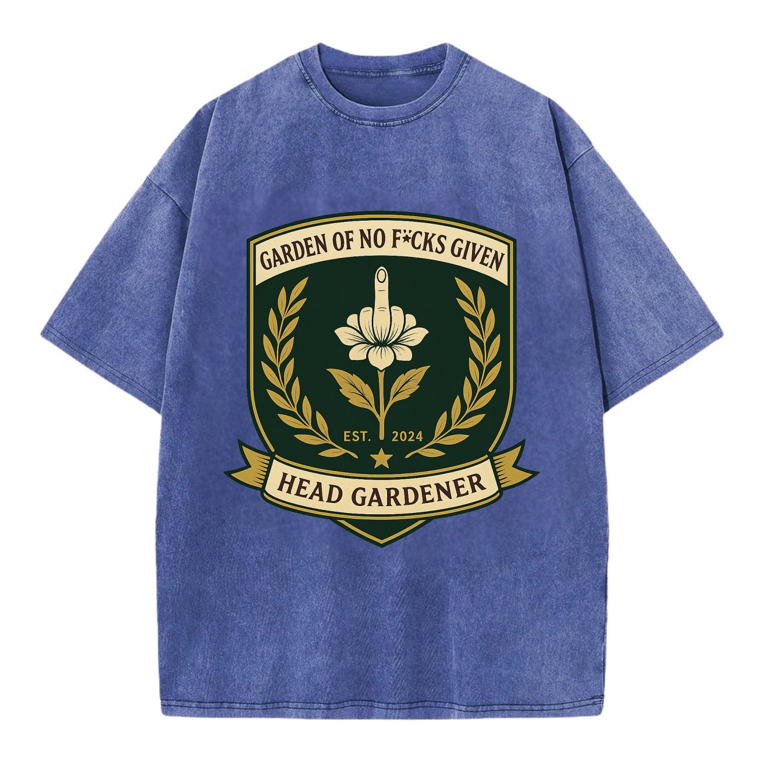 Shield with middle finger flower - "Garden of No F*cks Given - Head Gardener" - - Vintage T-shirt - Blue