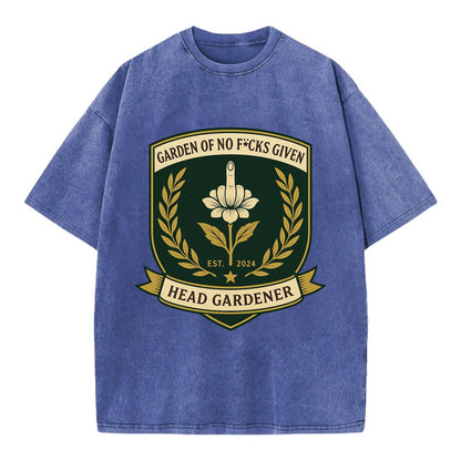 Shield with middle finger flower - "Garden of No F*cks Given - Head Gardener" - - Vintage T-shirt - Blue