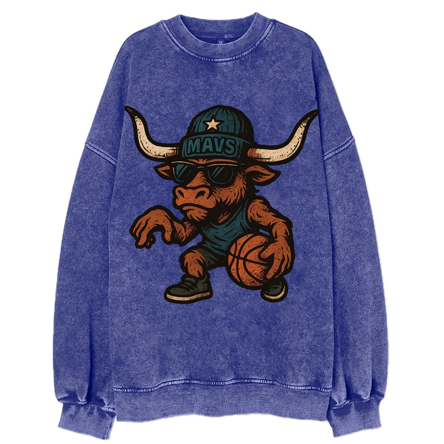 Texas Longhorn wearing Mavs beanie with lone star patch and wayfarer sunglasses - Vintage Sweatshirt - Blue