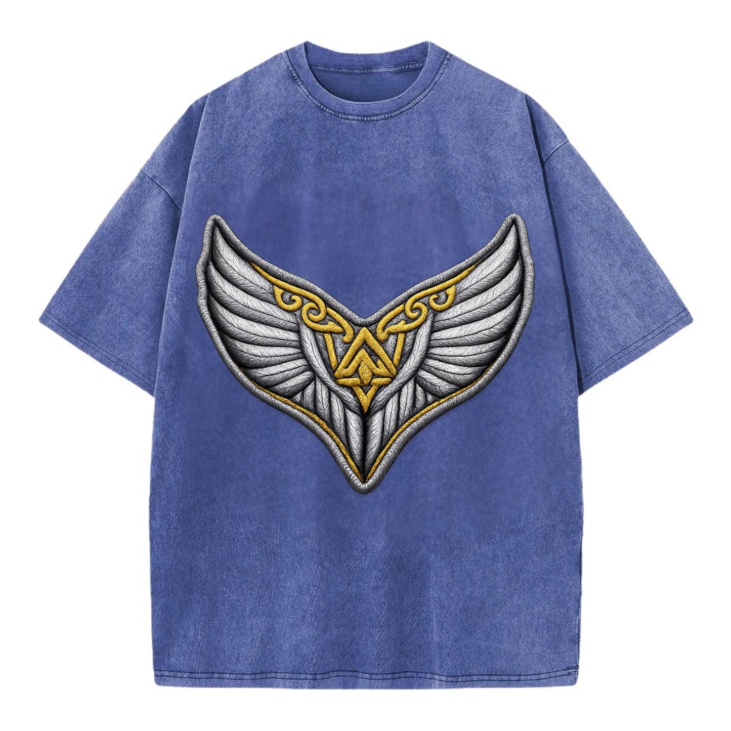 VALKYRIE WINGS - warrior maiden wings in silver and gold , Norse myth - Vintage T-shirt - Blue