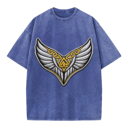 VALKYRIE WINGS - warrior maiden wings in silver and gold , Norse myth - Vintage T-shirt - Blue