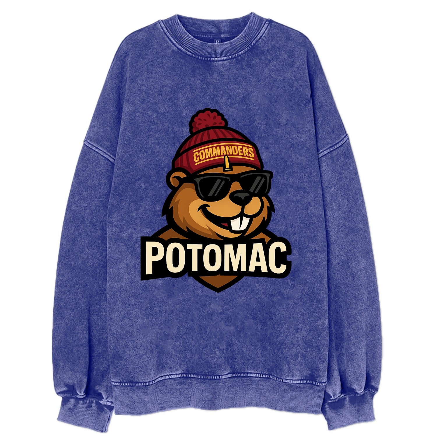 Potomac Beaver wearing Commanders beanie with monument patch and wayfarer - Vintage Sweatshirt - Blue