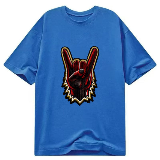 ROCK HAND HORNS - devil horns hand gesture in black and red , metal music - Classic T-shirt - Blue