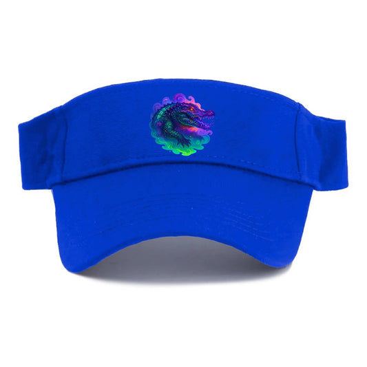 Primordial crocodile with scales pulsing plasma energy in green and purple, ancient runes - Visor - Blue