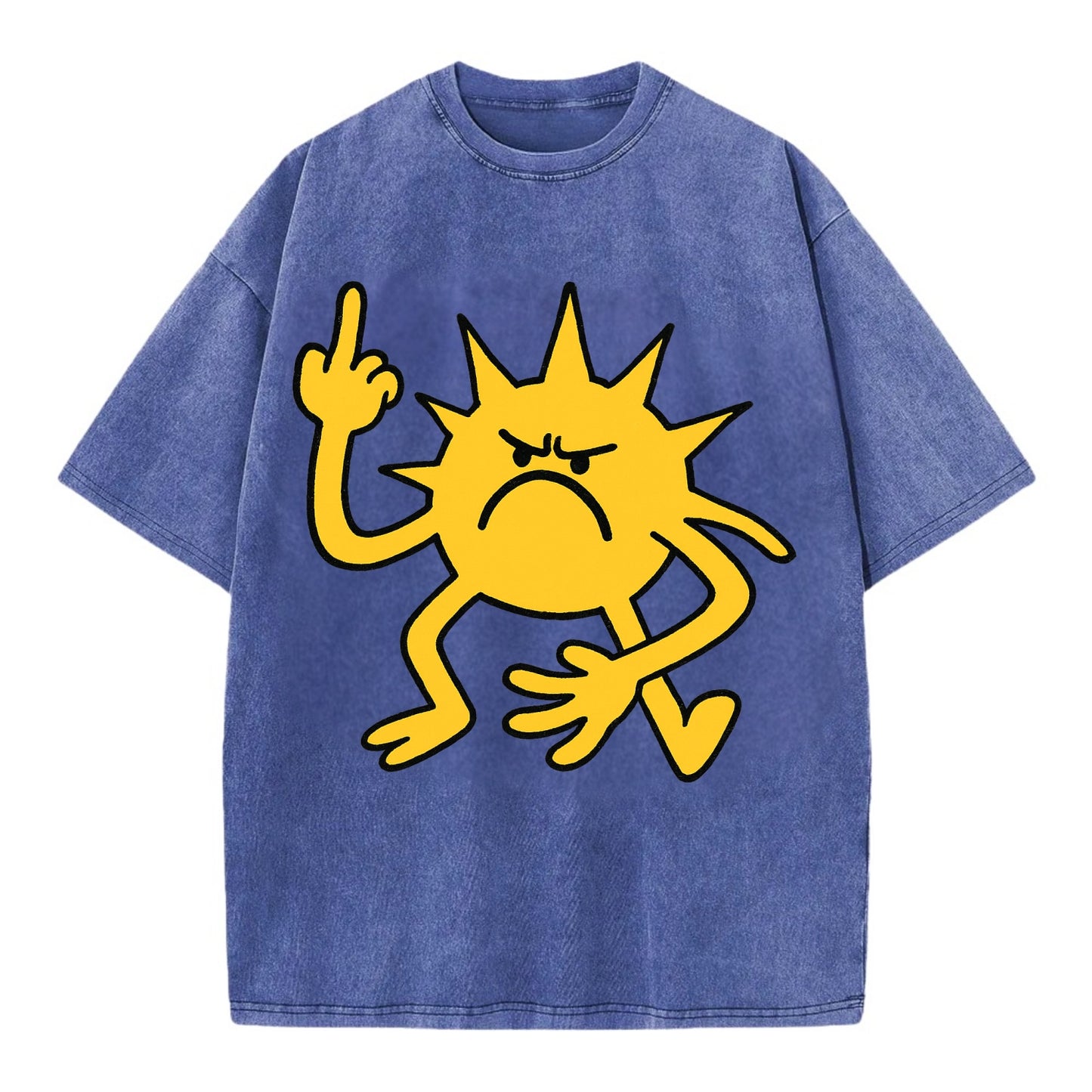 MORNINGS ARE PUNISHMENT | Grumpy sun with middle finger - Vintage T-shirt - Blue