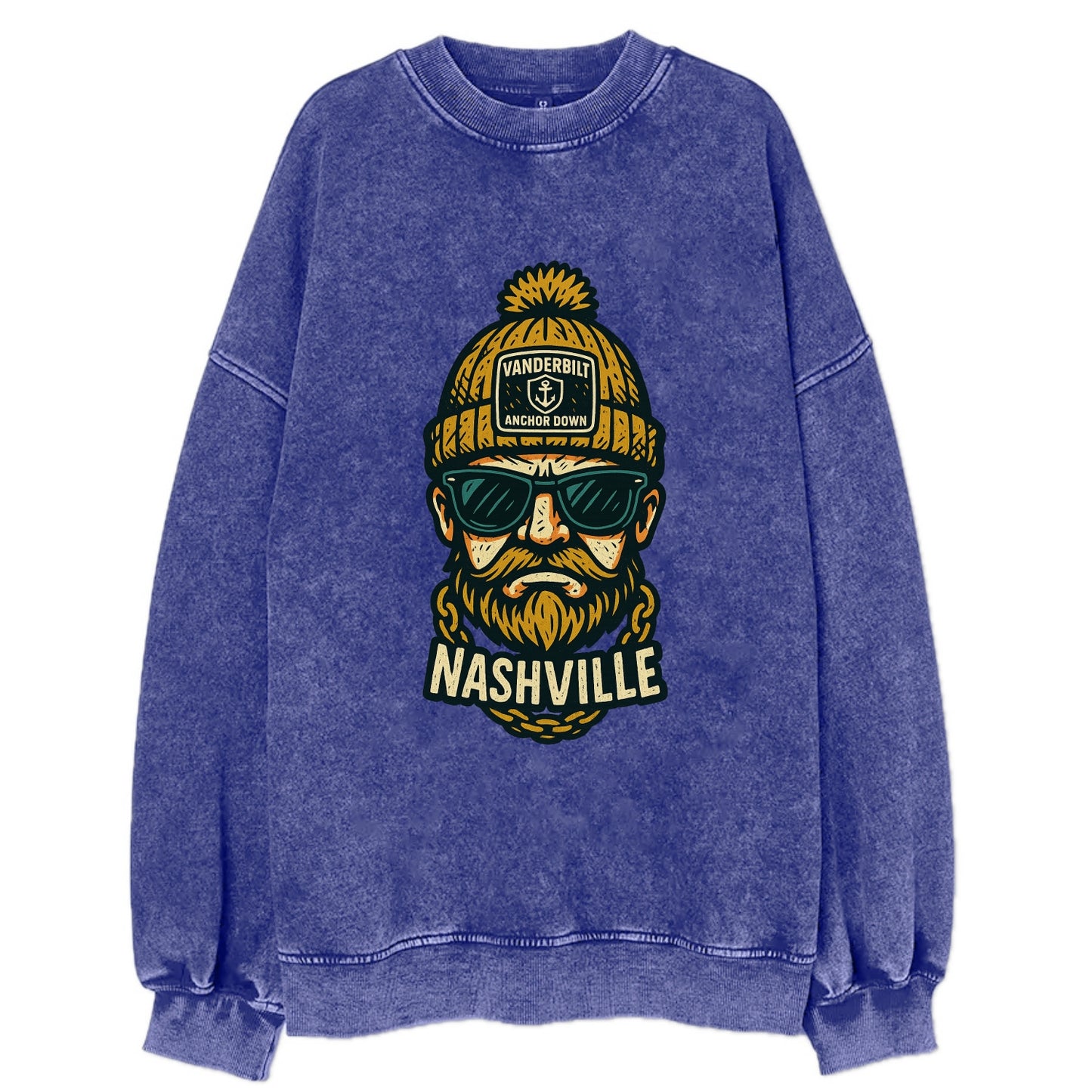 Nashville Commodore wearing Vanderbilt beanie with anchor patch - Vintage Sweatshirt - Blue