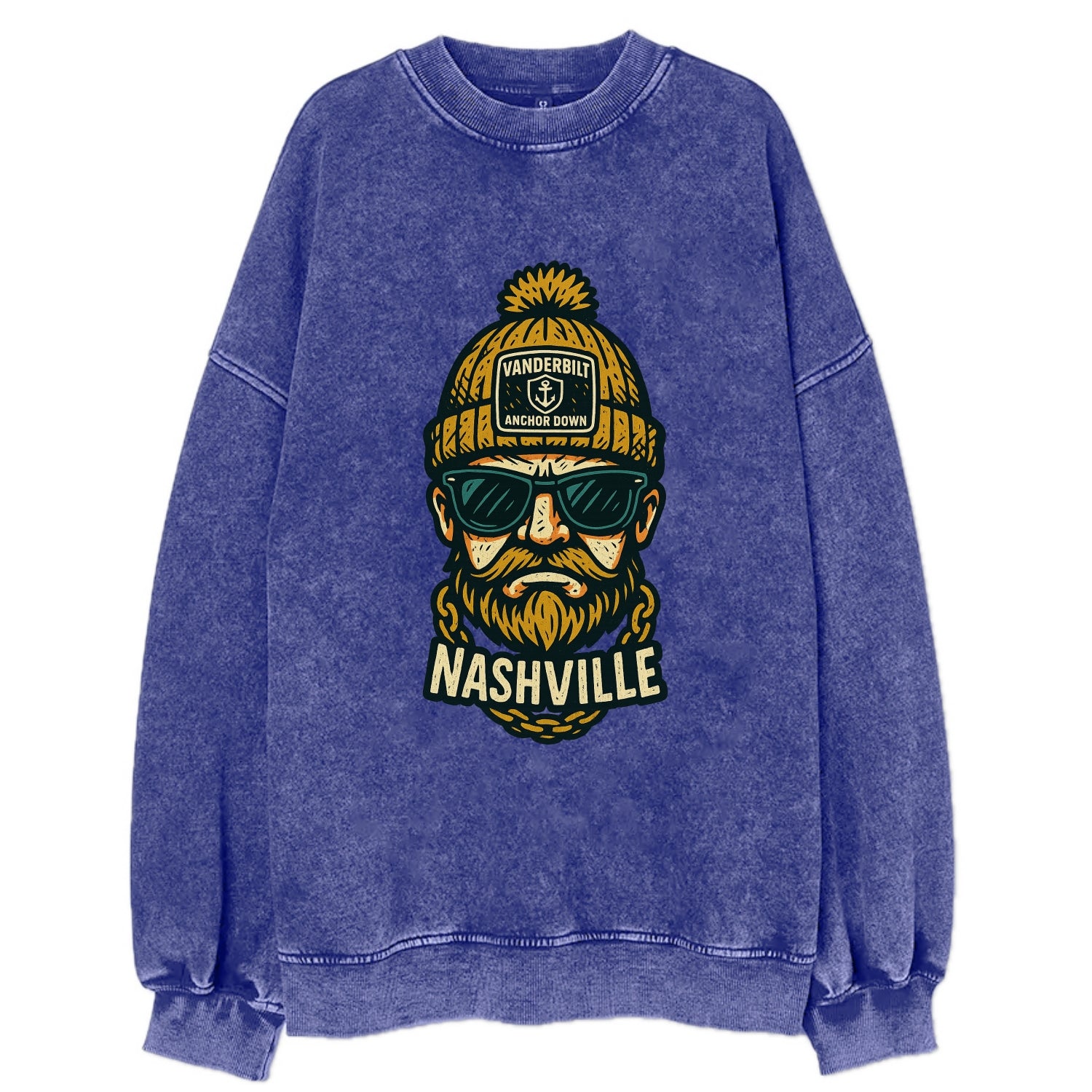 Nashville Commodore wearing Vanderbilt beanie with anchor patch - Vintage Sweatshirt - Blue