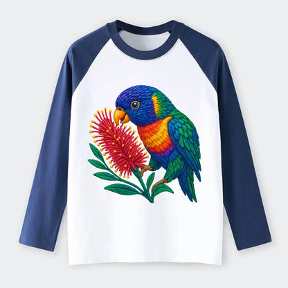 Rainbow Lorikeet Bottlebrush - Raglan Long Sleeve T-Shirt - Blue
