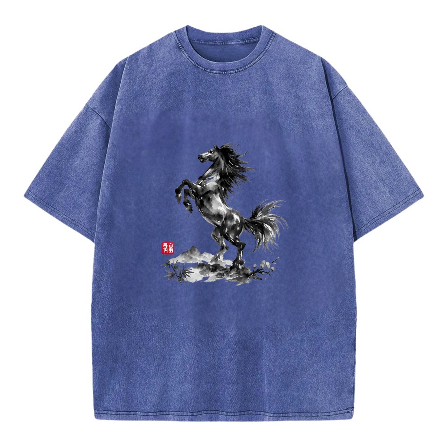 WILD STALLION | Powerful stallion rearing up | Windswept mane and tail | Mountain - Vintage T-shirt - Blue