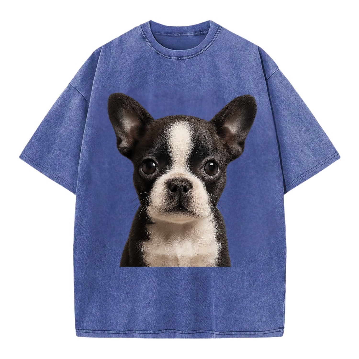 Baby Boston Terrier Puppy - tuxedo markings, big round eyes, bat ears, - Vintage T-shirt - Blue