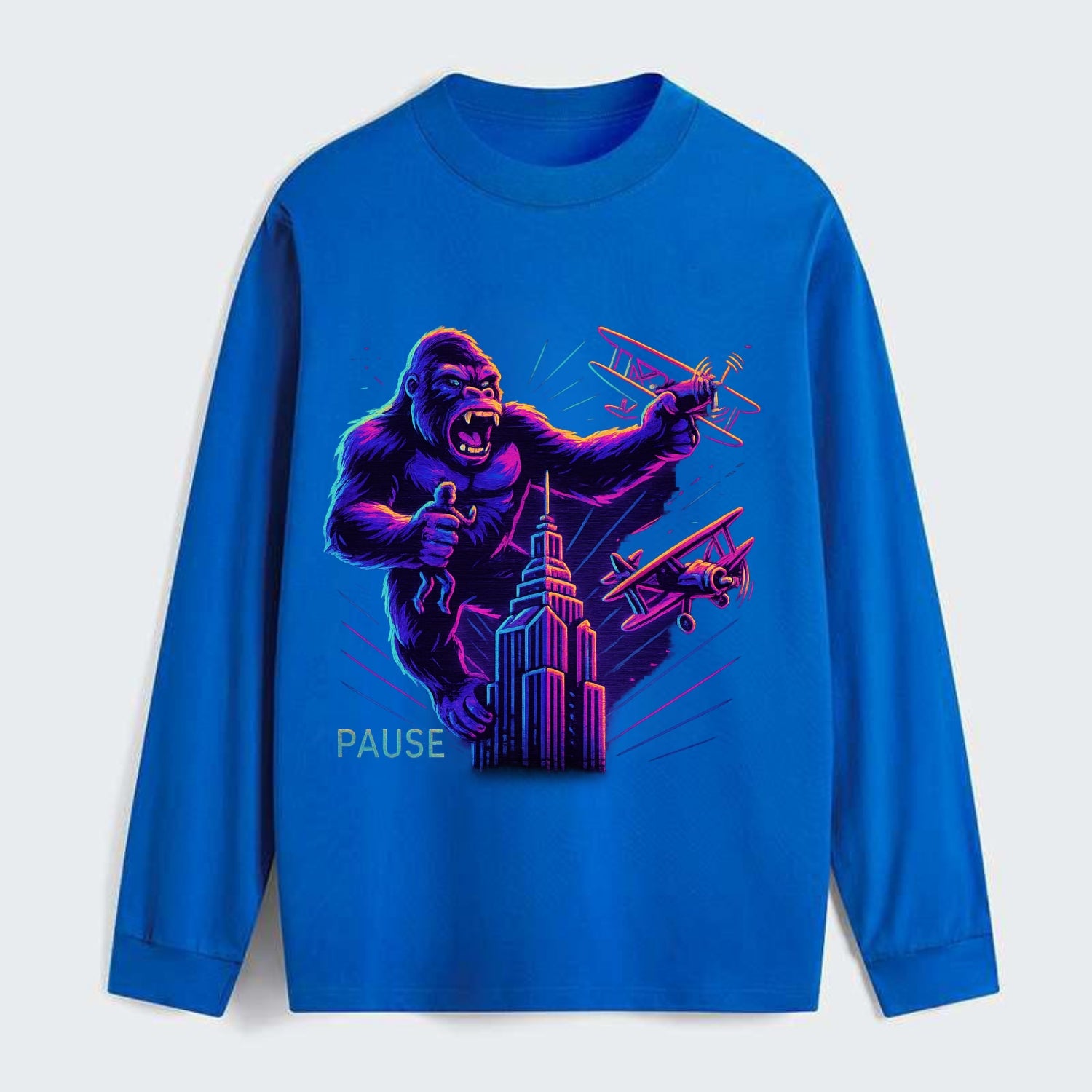giant gorilla on top of skyscraper holding small figure, swatting planes - Classic Long Sleeve Shirt - Blue
